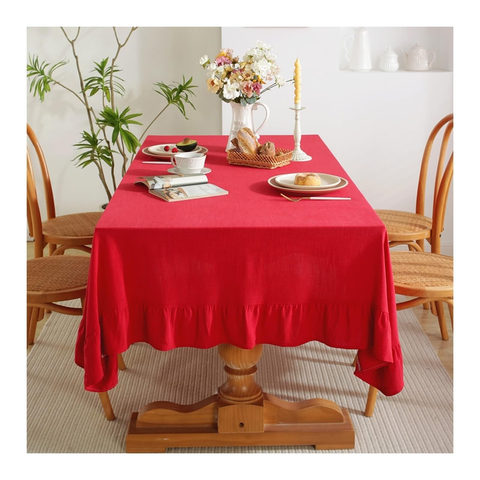 Tablecloth czerwony, bawełniany i lniany obrus outdoorowy jednokolorowy z falbankami obrus kwadratowy 120 x 120 cm