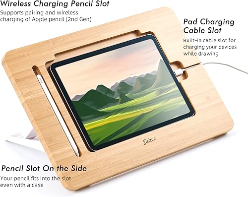 Miniatura 6 de ELETIUO Soporte para iPad de madera de bambú mejorado con ranura para lápiz y cable de carga, escritorio ajustable multiángulo, soporte portátil