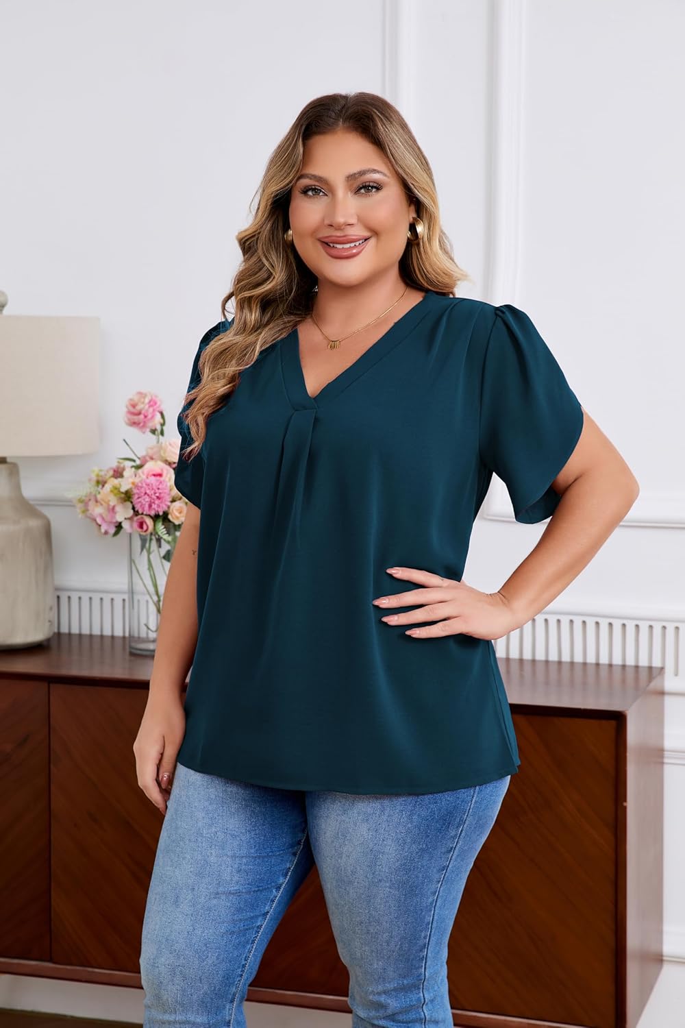 Women's Plus Size Casual Blouses Solid Business Work Tops Petal Short Sleeve V Neck Loose Fit T Shirt Summer Trendy 2026 - Image 3