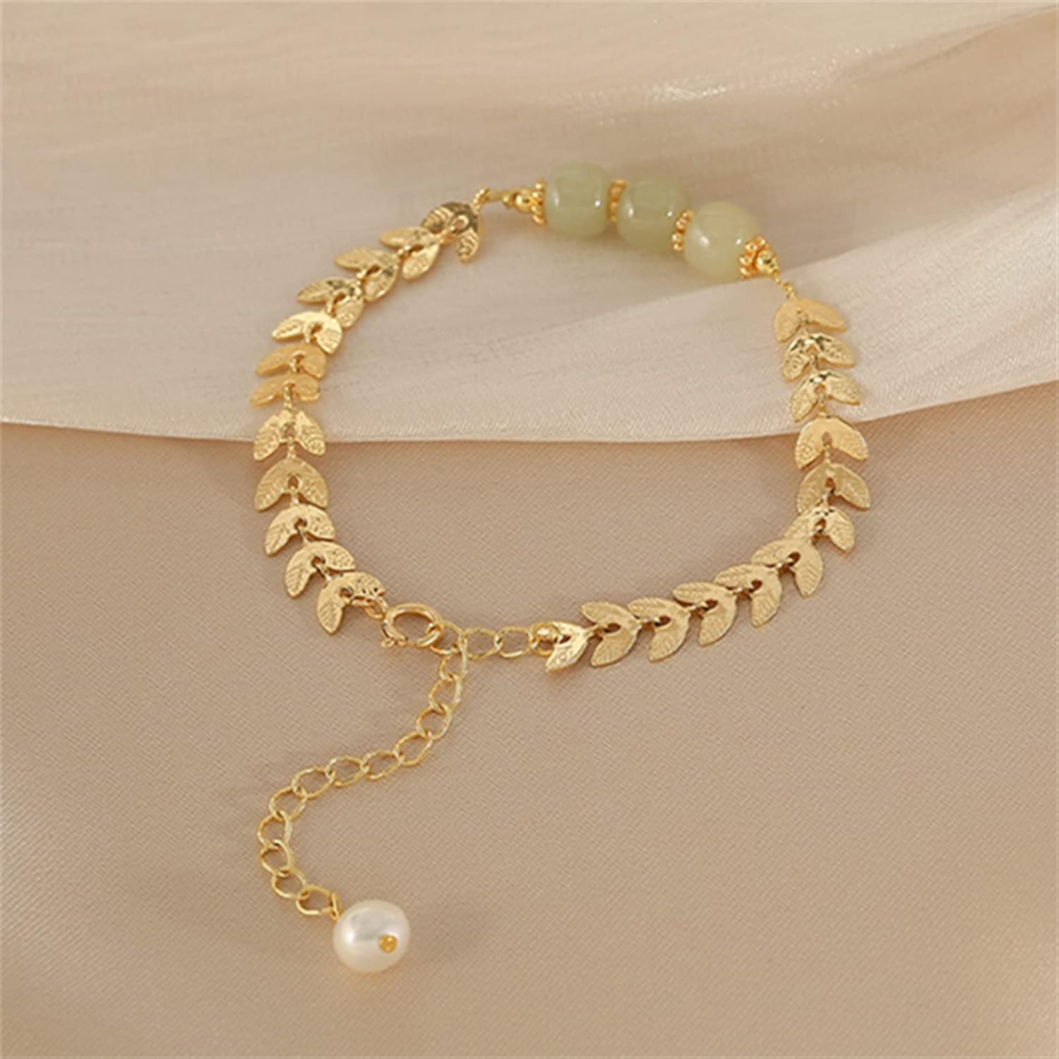 Natural Hetian Jade & Pearl Necklace Bracelet Adjustable Jewwlry Chain for Women, Gold Wheat-ear Beads Charm Pendant Jewelry Gift for Mom Lover Her - Image 6