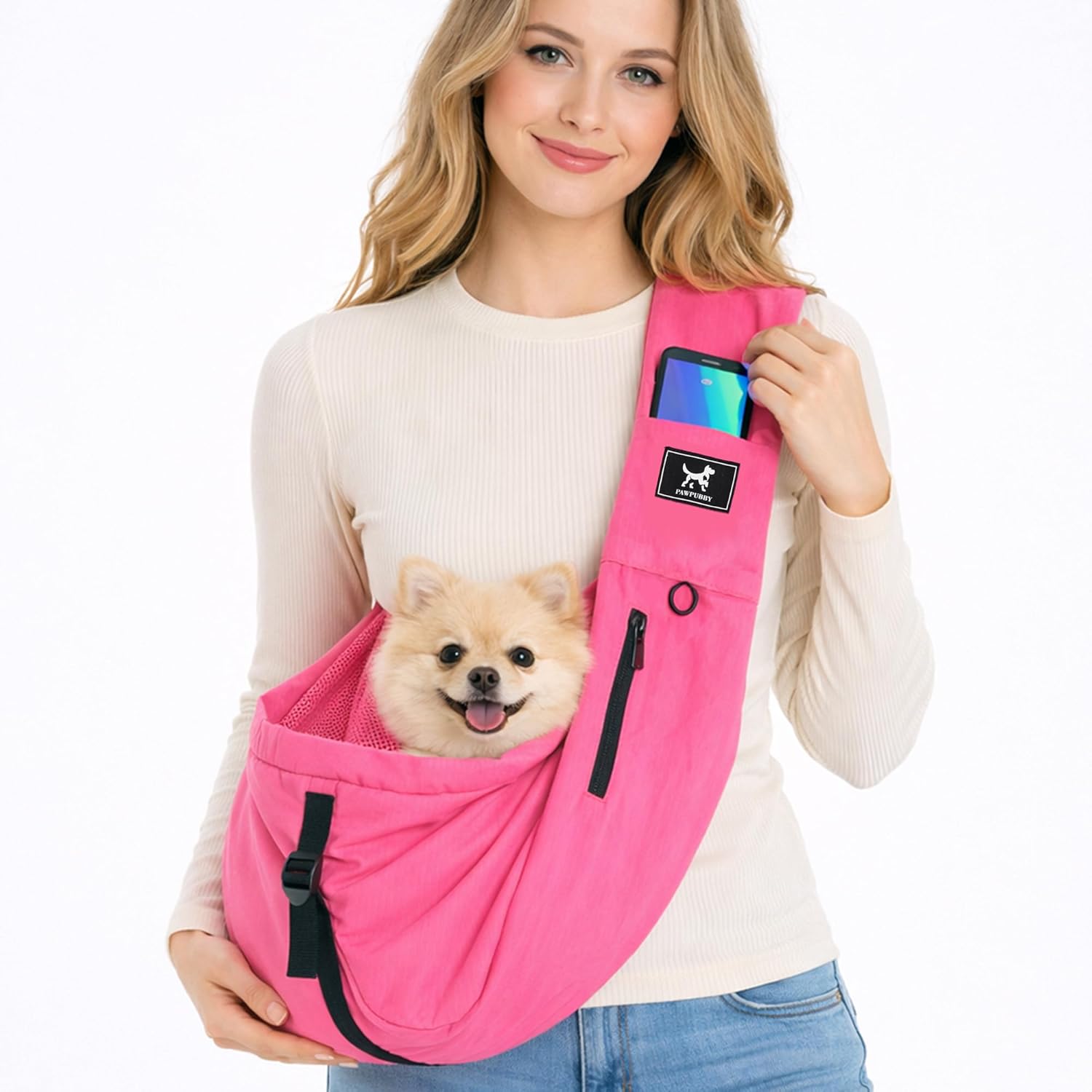 Dog Sling Carrier for Small Dogs & Cats, Hands-Free Pet Sling Carrier with Wide Padded Strap, Breathable Puppy Sling Carrier with Safety Hook, Adjustable for Travel & Walking, Fuchsia