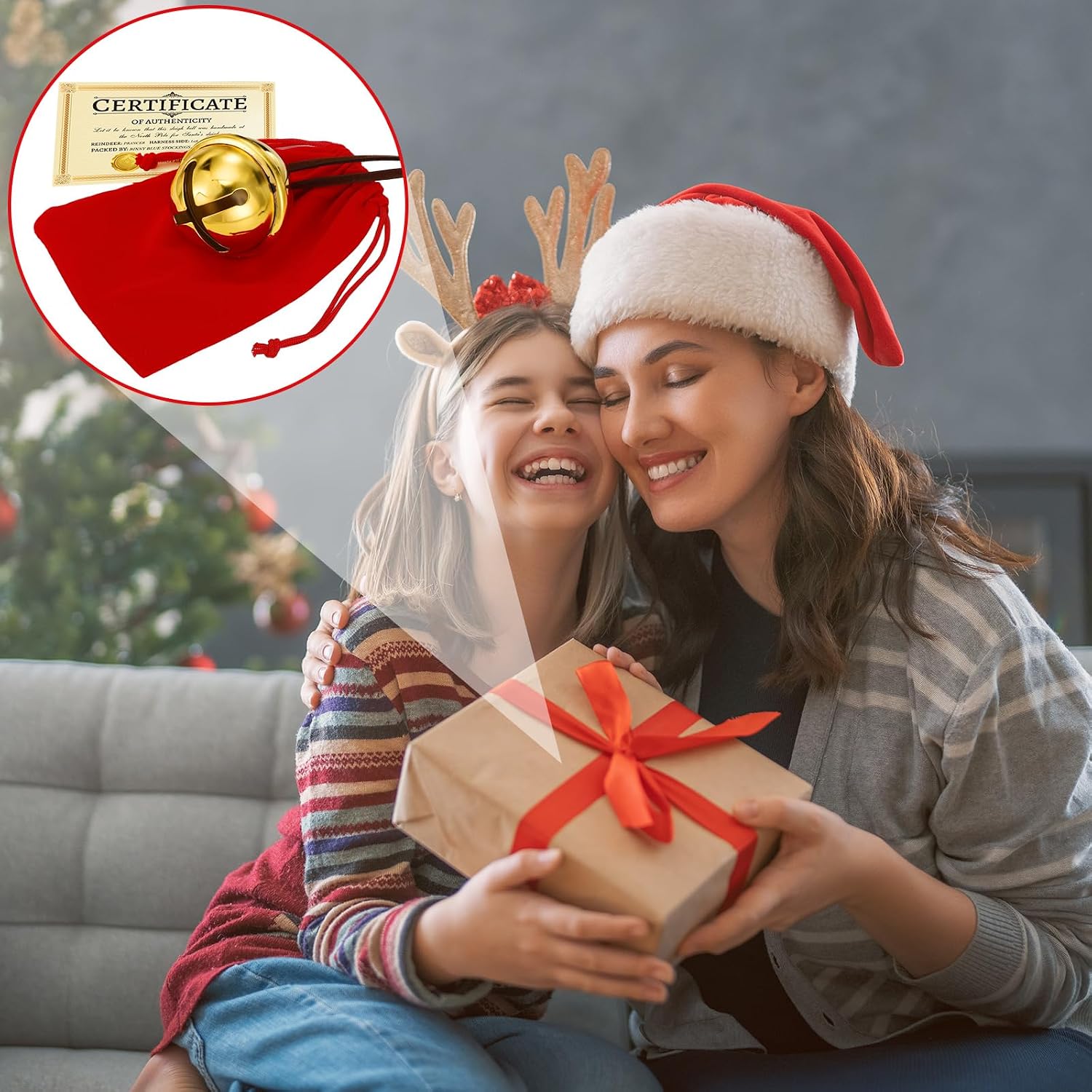 Poen 2 Sets Polar Sleigh Bell Gift 2 Inch Christmas Believe Bells and Certificate of Authenticity Red Velvet Gift Bags Sleigh Bells Reindeer Ornaments for Xmas Party(Gold,Simple)