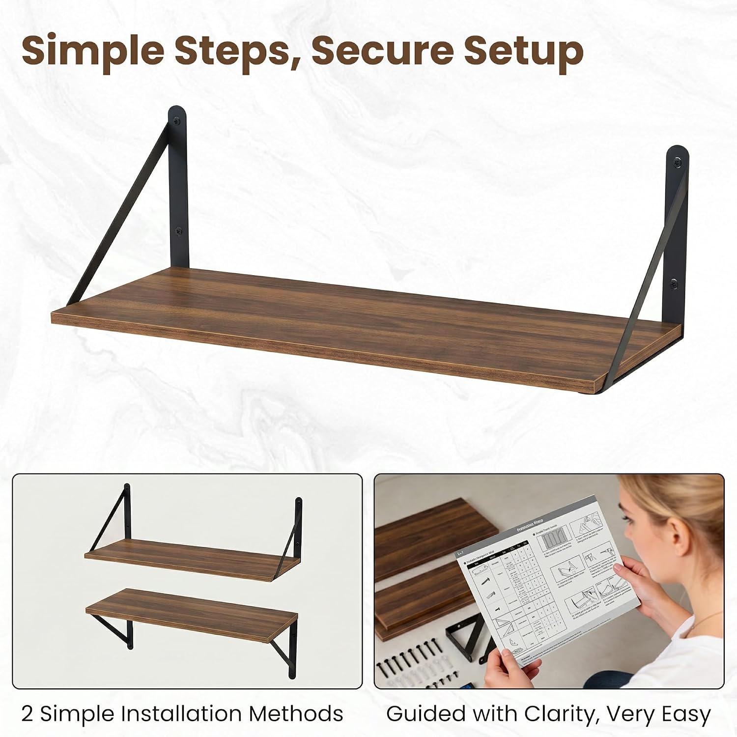 Vivelove 6 Inch Deep Floating Shelves for Wall, 16W x 6D Wood Wall Shelves Set of 2, Walnut Wide Floating Bookshelf for Living Room, Kitchen, Office, Bedroom, with Black Metal Bracke - Walnut