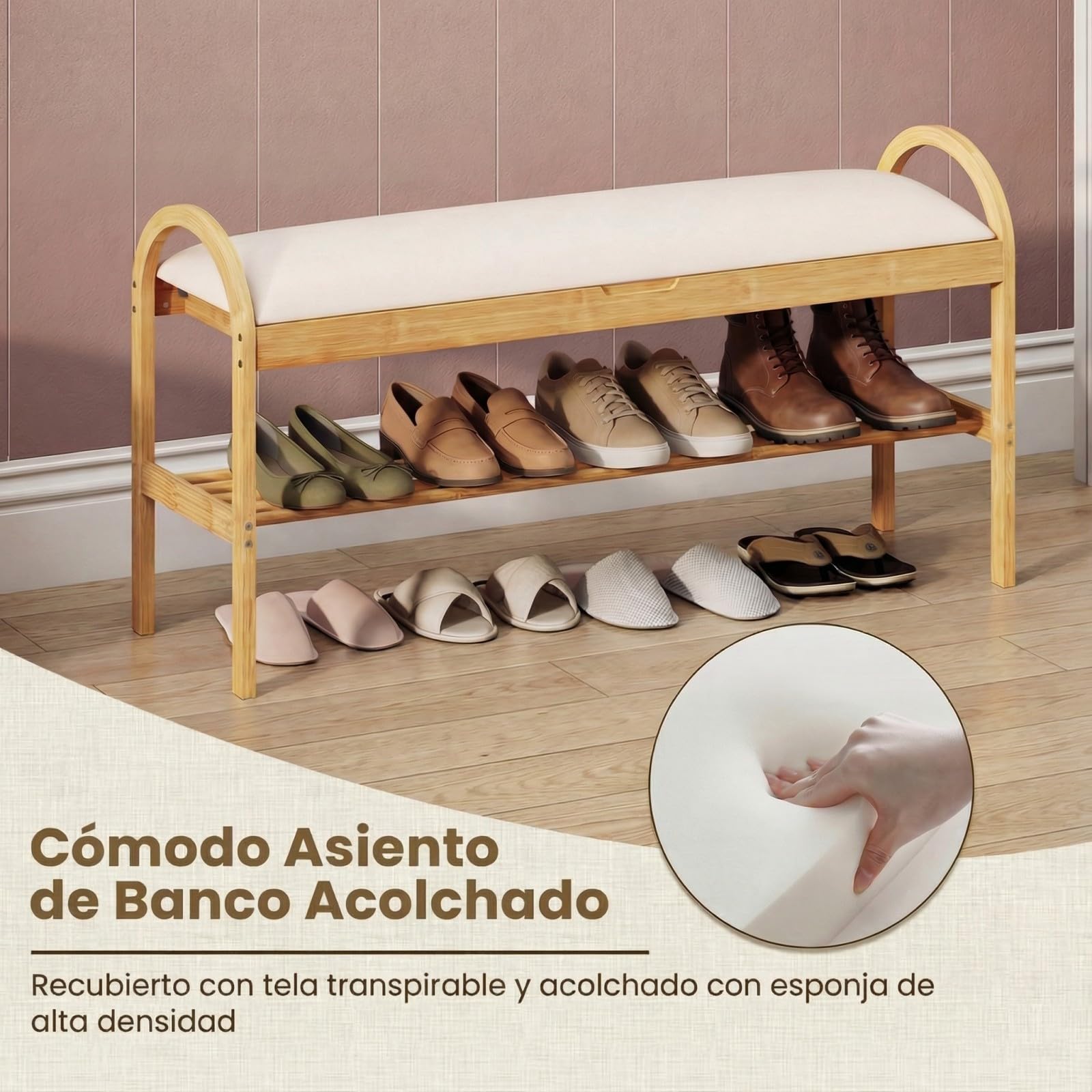 COSTWAY Banco Zapatero de Bambú, Banco para Zapatos con 1 Estante, Tapa Abatible Acolchada, Banco Zapatero Pasillo Entrada Salon, 101 x 31 x 51 cm (Beige)