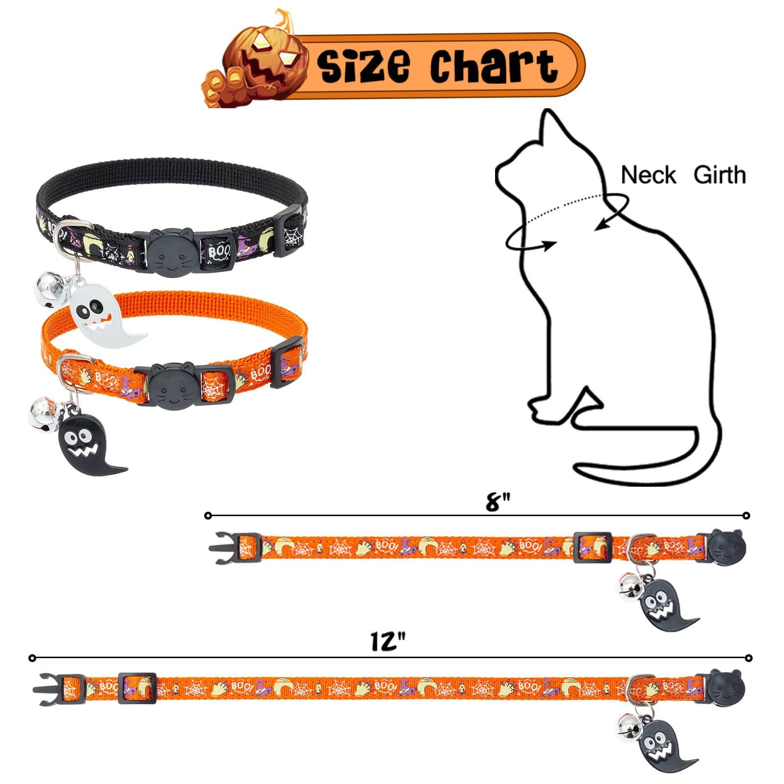 EXPAWLORER Katzenhalsband-Set im Halloween-Stil, leuchtend, verstellbar, mit süßem Geister-Zubehör, langlebiges Halsband mit sicherer Schnalle für Katzen, Kätzchen und kleine Welpen, 2 Stück