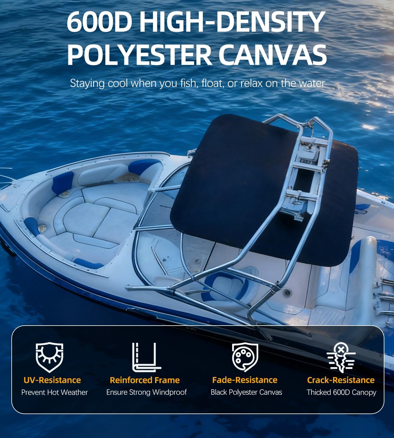 Universal Wakeboard Tower Boat Bimini Top, 600D Bimini Top Canvas with 1" Aluminum Alloy Frame & Clamps for Most 2-2.5” Tube Wake Towers on Bass Boats, Jon Boats, Pontoons & More, 60" L x 52” W