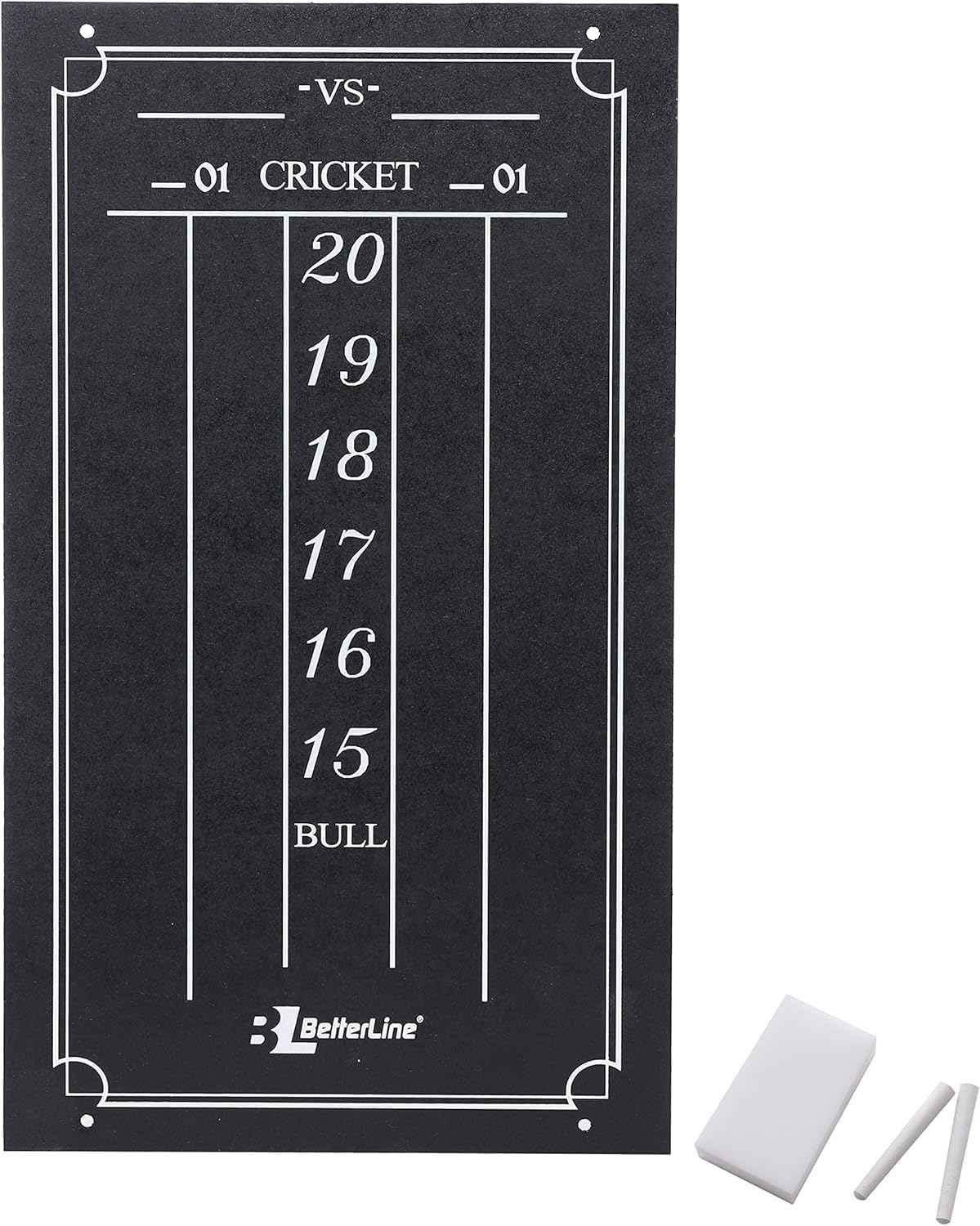 BETTERLINE Professional Scoreboard Chalkboard for Cricket and 01 Darts Games - 39.3 x 22.9 cm (15.5" x 9" Inch) - Black Board - Eraser and 2 Chalk Pieces Included - by