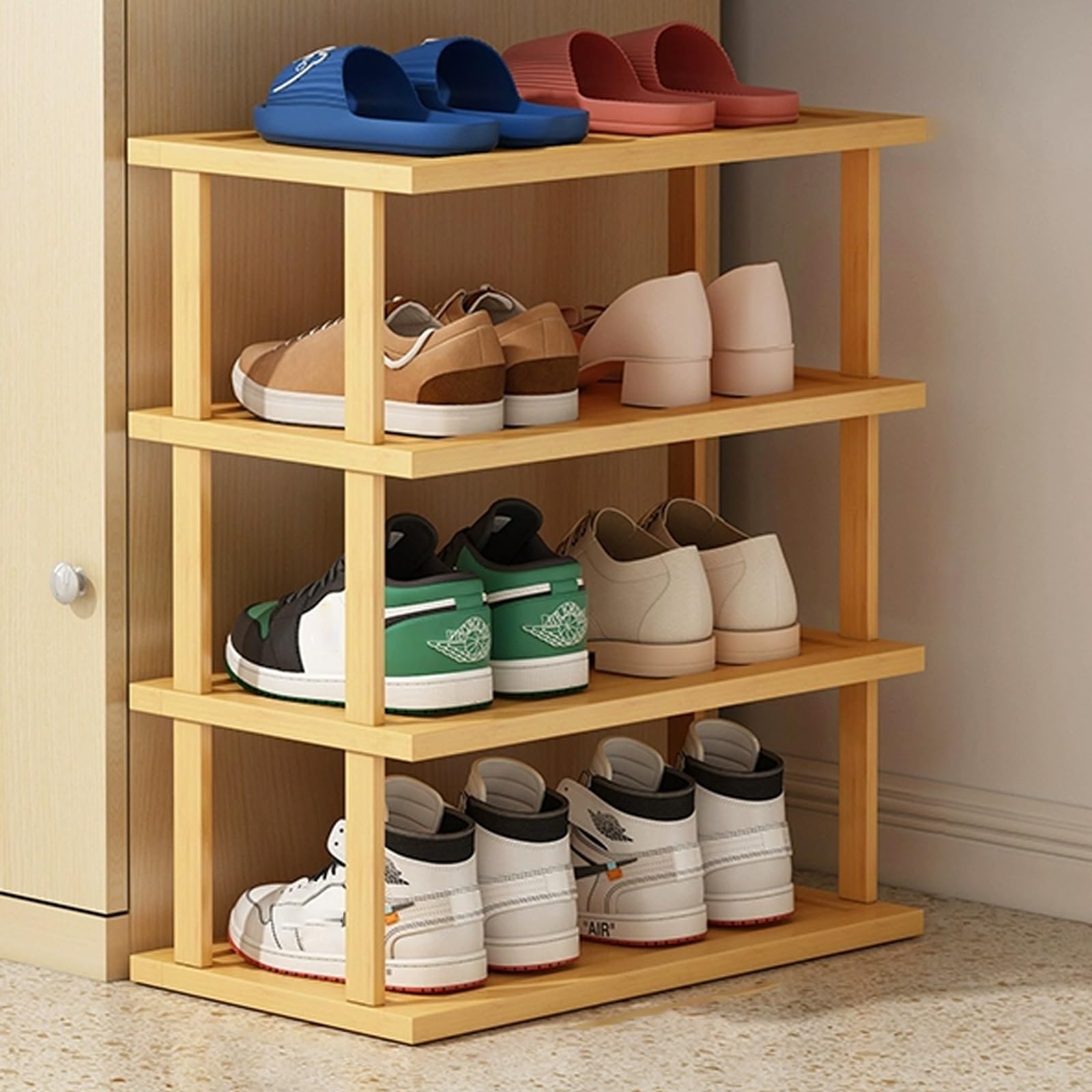 SVFOEBJM Vertical Shoe Rack, Wooden Shoe Rack for Small Spaces, DIY Shoe Shelf, Space Saving Storage, Tall Narrow Shoe Tower Organizer for Entryway Corner Garage Bedroom