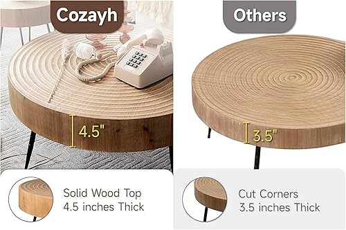 Miniatura 42 de COZAYH Juego de mesa auxiliar redonda anidable de 2 piezas, parte superior de madera natural con patas de metal negro, patrón radial, acento rústico