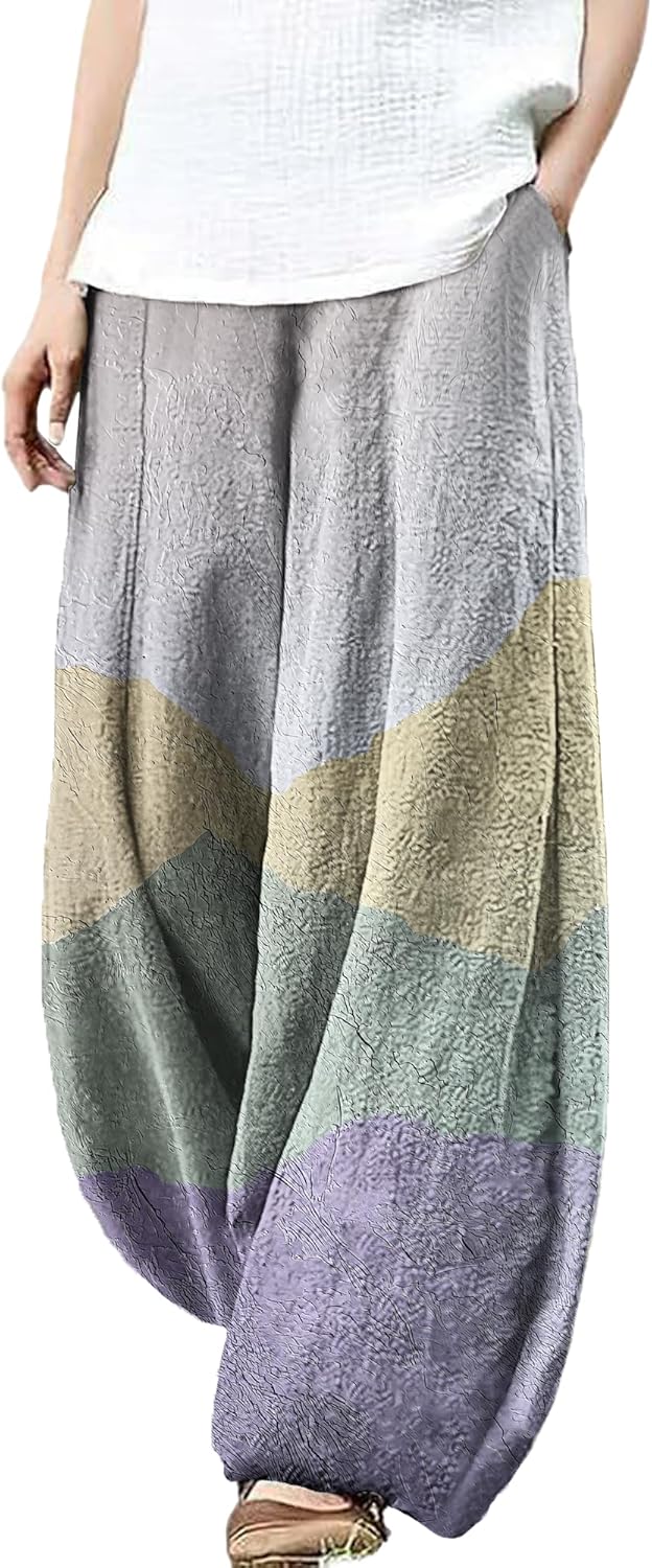 MARSVOVO Wide Leg Pants Woman Lounge Casual Cute Print Harem Pants Plus Size Elastic Travel Palazzo Pants with Pockets