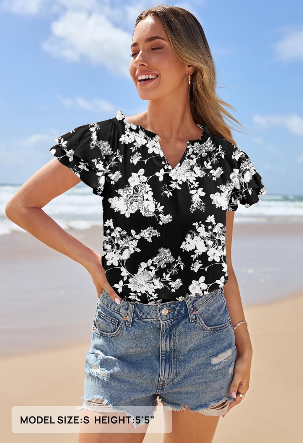 MEROKEETY Women's 2025 Summer Floral Blouses Ruffle Short Sleeve V Neck Tops Casual Loose T Shirts - Image 2