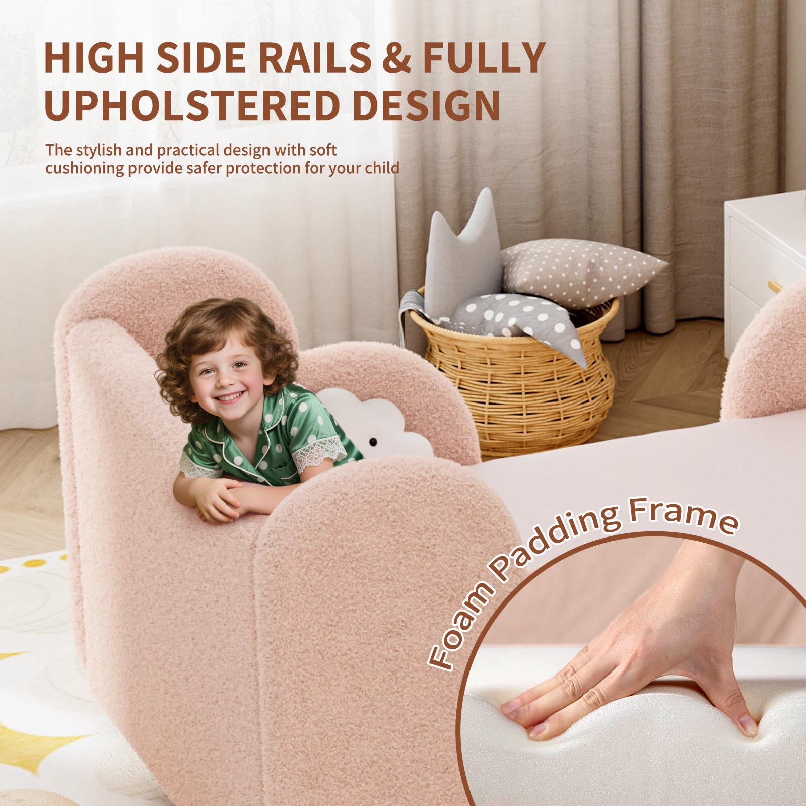 Toddler Bed, 140x70cm Soft Padded Kids Bed with Cloud-Shaped Safety Guardrails, Low Bed Frame for Girls Boys Children, Cot to Bed Transition (Mattress NOT Included) — view 5