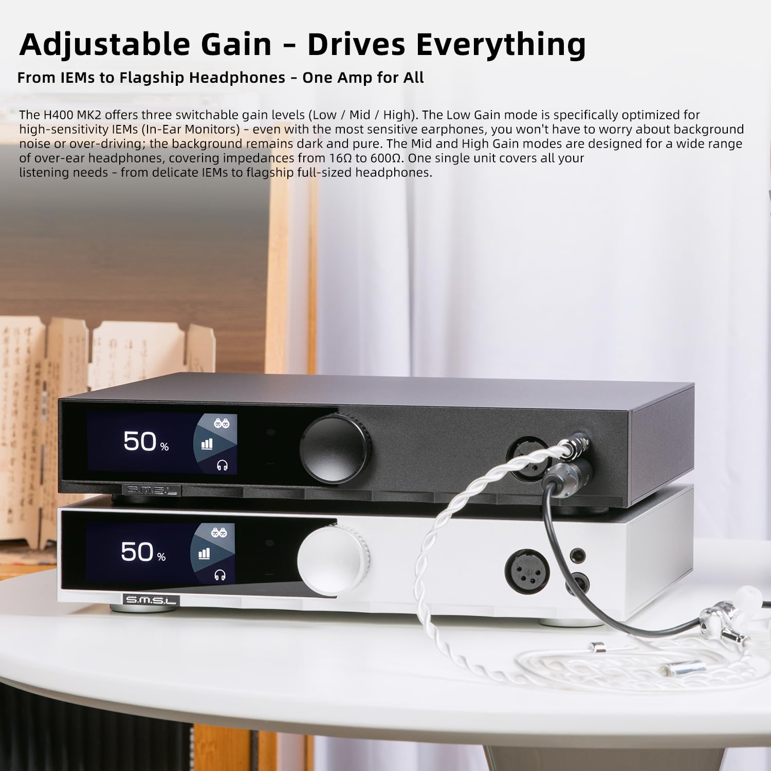 S.M.S.L Amplificador de auriculares H400 MK2 de alta resolución totalmente equilibrado y preamplificador de gama alta, fuente de alimentación GaN, 18 W/32 Ω, audio de alta fidelidad, salida