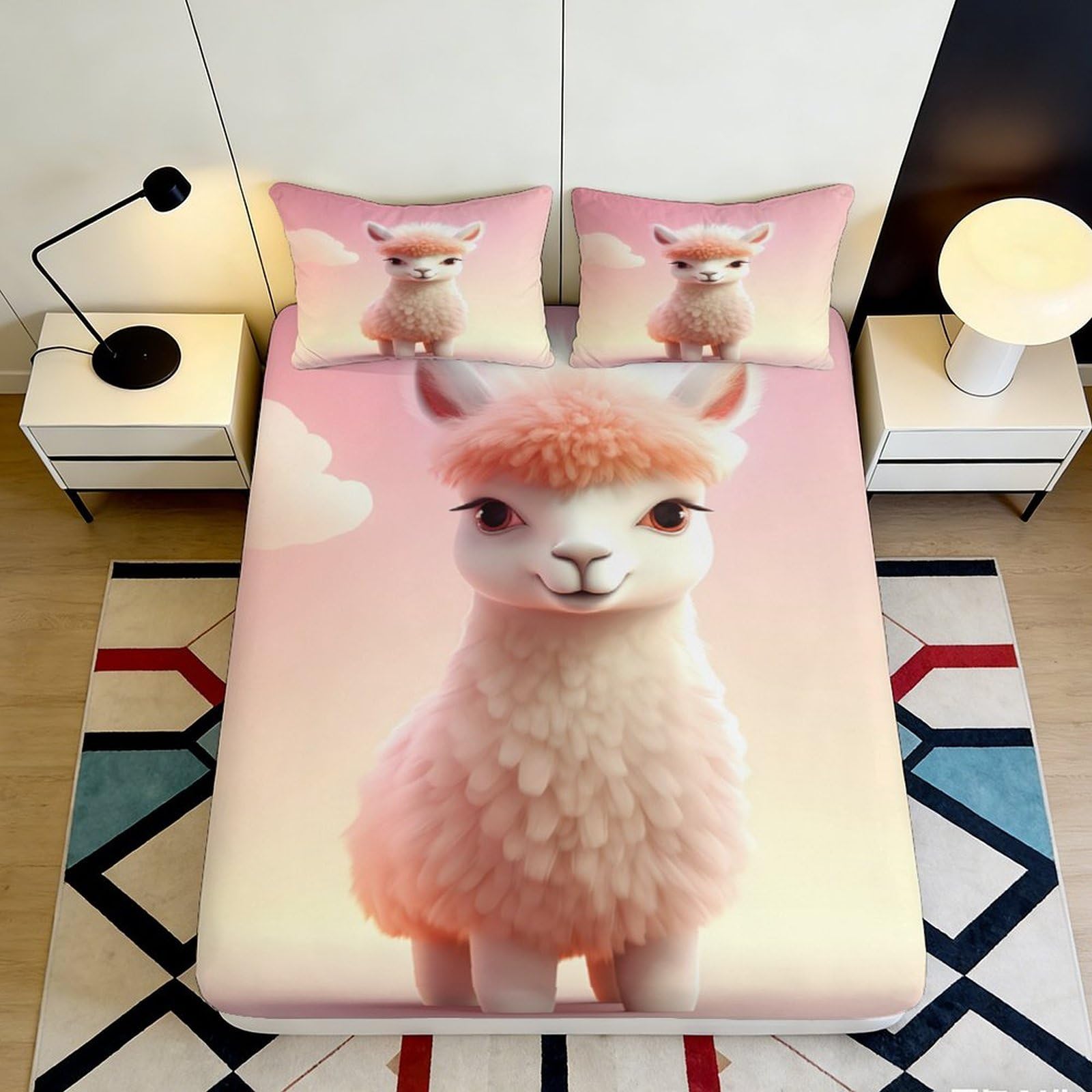 3D Printed Pink Alpaca Fitted Sheet Microfiber Durable Cute Llama Bed Cover for Bedroom Guest Room Mattress Protection Decor 90x200x25cm