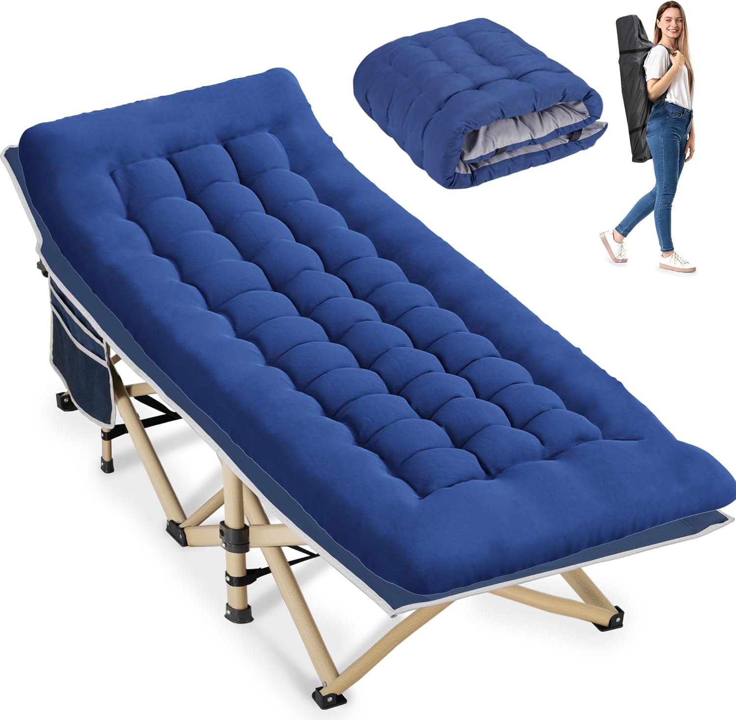 Folding Camping Cot for Sleeping, Portable Cots for Adults, Heavy Duty Cot Bed 550LBS(Max Load), Extra Wider Cots with Large Pocket for Outdoor, Office, Beach Blue(with Mattress)
