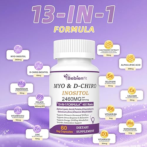 Miniatura 8 de Myo inositol 13 en 1 y D-Chiro inositol para mujeres, 2460mg-401 Proporción Suplemento más ácido alfa lipoicofolatovitexmagnesio, 60 cápsulas veganas