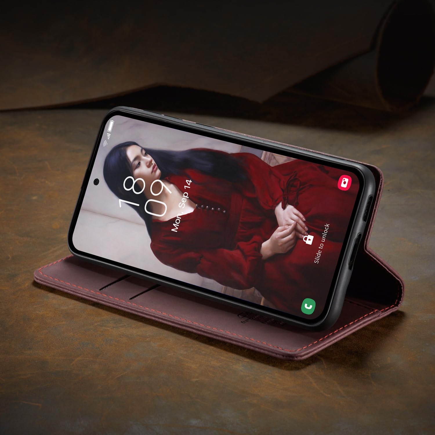 Samokor Cover per Samsung Galaxy A14 5G/4G Pelle Flip Custodia Cavalletto Portafoglio Magnetica Carta Fessura Antiurto per Samsung Galaxy A14,Vino Rosso