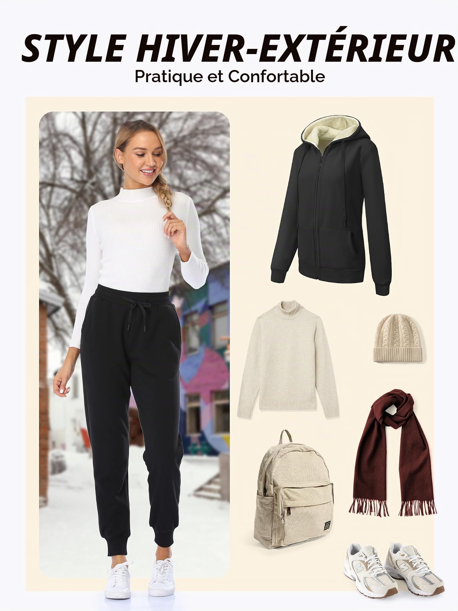 MOVE BEYOND Pantalon de Jogging en Polaire Femmes avec 2 Poches Longue Pantalon de Chaud Doublé en Sherpa avec Cordon Sweatpants Hiver