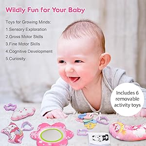 BATTOP Baby Gym Play Mat, 8-in-1 Tummy Time Activity Mat & Ball Pit with 6 Toys, Washable Sensory Playmat for Visual/Hearing/Motor Development, Newborn Gift 0-12 Months (Pink)