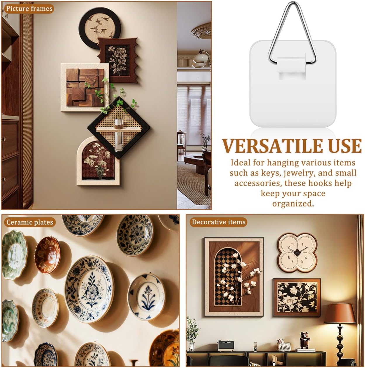 NUOBESTY 50 pcs Adhesive Wall Plate Holder Hooks Sticky Picture Hangers for Photo Frames Plates Decorative Art Displays No Drill Wall Mount for Home Living Room Bedroom Office
