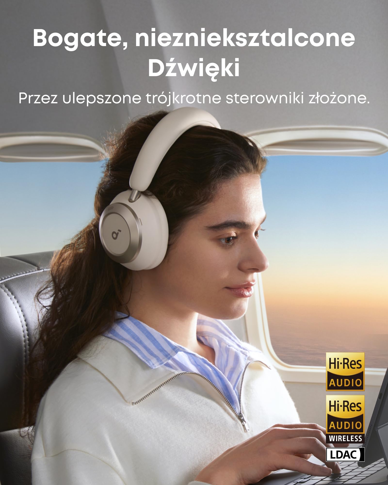 soundcore Space One Pro firmy Anker(odnowiona), adaptacyjne słuchawki z aktywną redukcją szumów wspierane 6 mikrofonami, super składana konstrukcja, bezstratne 60 godz. dźwięku, ultraszybkie ładowanie