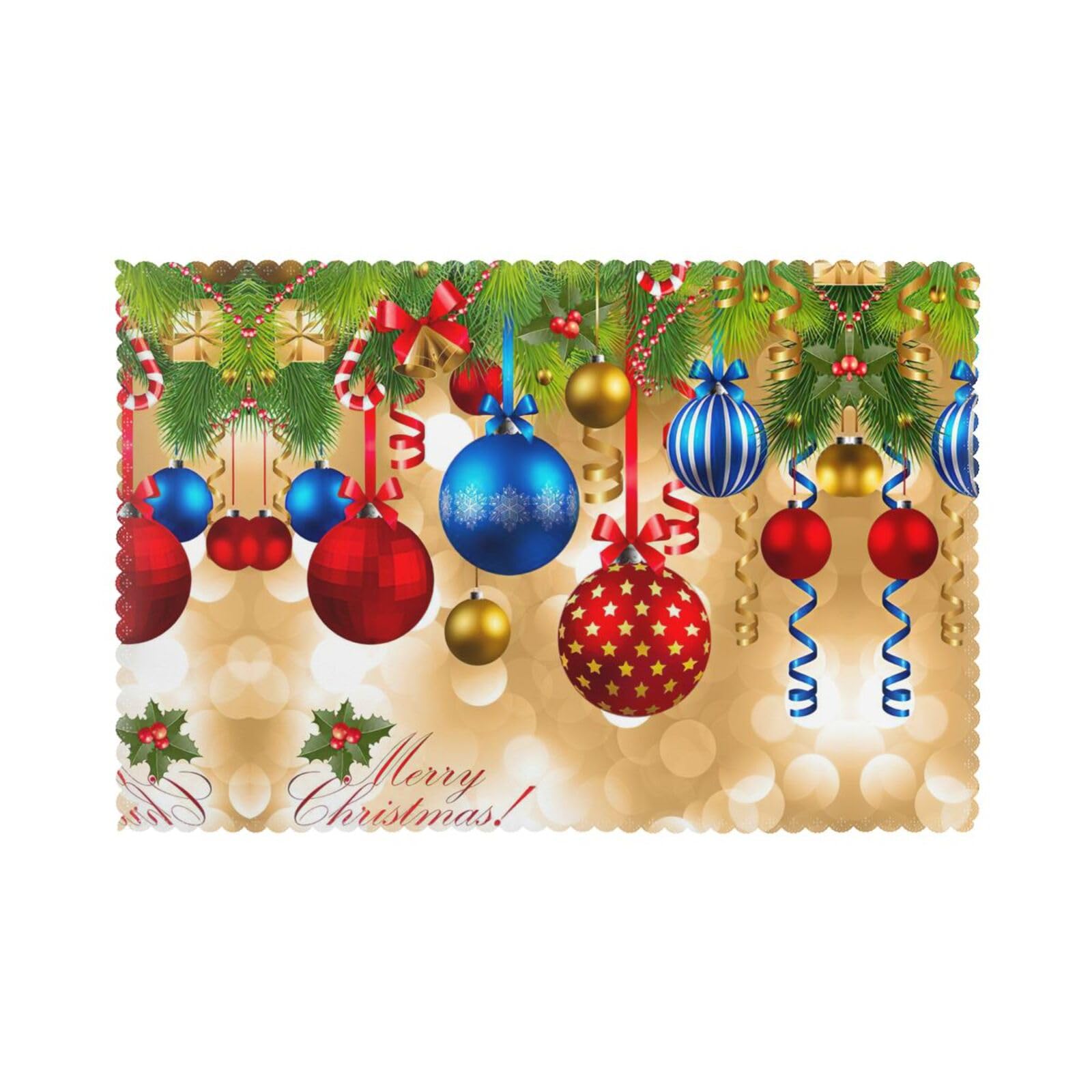 Merry Christmas Print Placemats Set Of 6, 12x18 Inch Polyester Washable Heat Resistant Kitchen Dining Table Mats