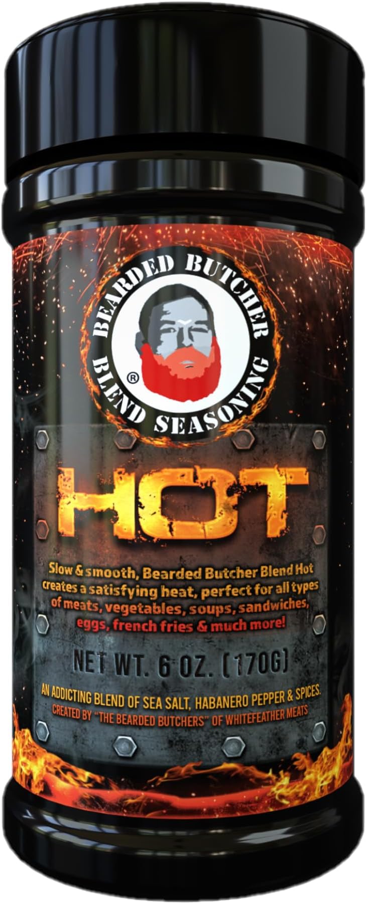 Bearded Butchers Hot Blend Seasoning, 6 oz Shaker - Habanero Hot Spice, Perfect for Steaks, Burgers, Soups, Roasts, and Game Meats - No MSG, Gluten-Free, All-Natural Flavor, and No Sugar