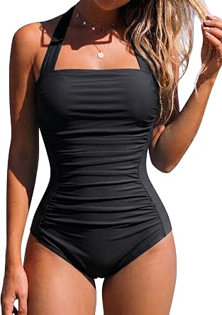 Womens Retro One Piece Swimsuits Tummy Control Halter Bathing Suits Vintage Ruched Slimming Monokini Swimwear