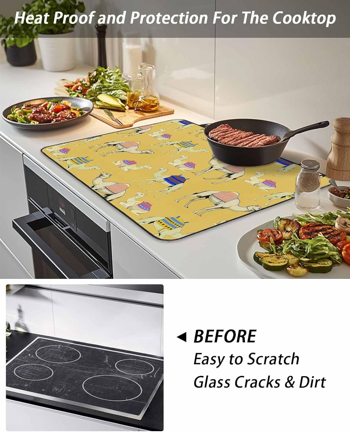Yellow Camel Stove Cover for Electric Stove, Exotic Cute Cartoon Camels Wild Animal Desert Landscape Stove Top Cover for Glass Top, Heat Insulation Rubber Mat Foldable Cooktop Top Protector, 24"x21"
