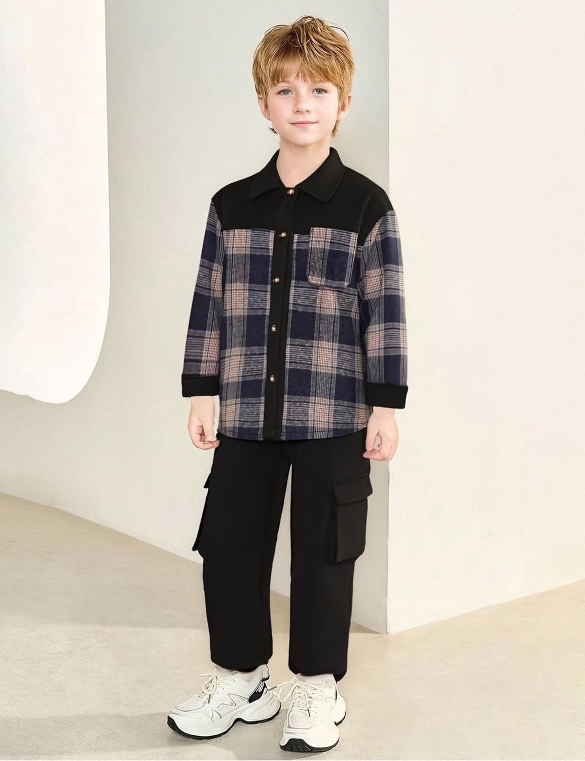 Boys Clothes 2Pcs Plaid Shirt and Pocket Sweatpants Outfits for Fall Winter Boy Clothes Sets 6-14 Years - Image 3