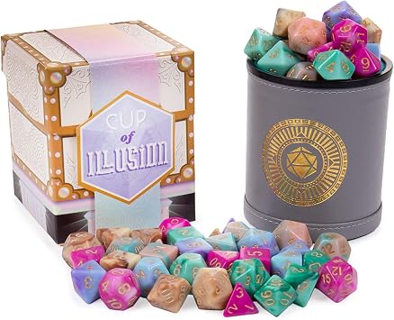 Wiz Dice Cup of Illusion - 35 Polyhedral DND Dice & Dice Shaker Cup & Box for Storage 5 Set of 7 Unique Colors -Polyhedral Role Playing Dice in Unique Colors - DND Accessories for TTRPG Dice Games