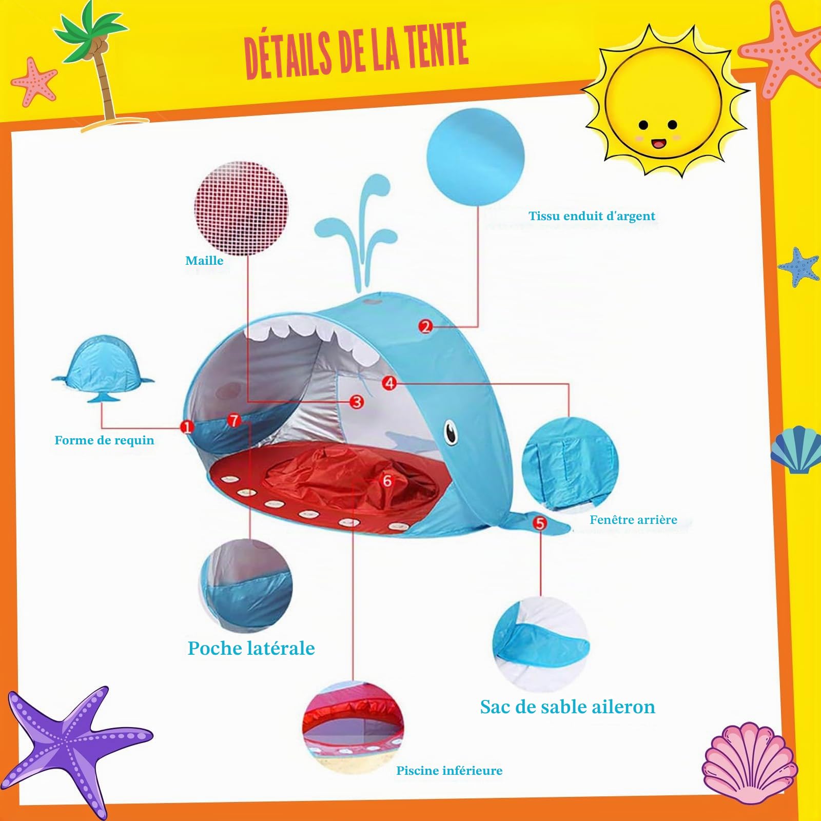 Tente Anti UV Bébé,Pop Up Tente De Plage,Abri Camping Voyage Vec Clous De Sol Protège Vent/Soleil/Sable,Tente De Plage Bebe Vec Mini Piscine Convient pour Les Plages, Les Parcs, Le Camping,Baleine