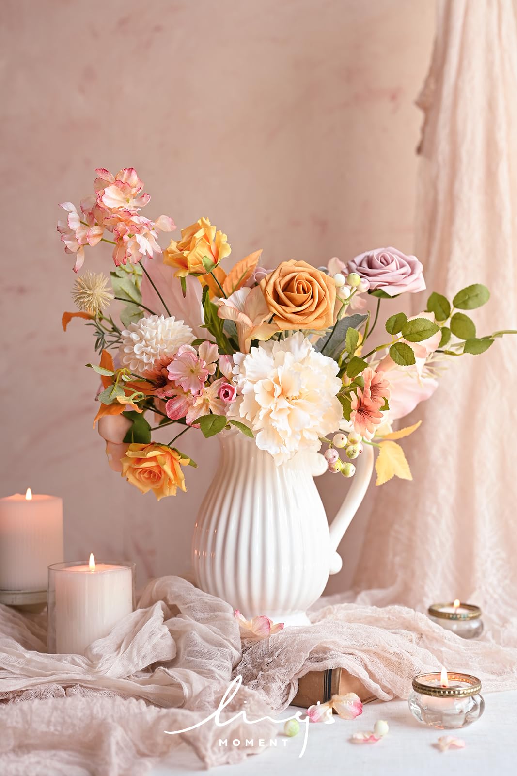 Ling's Moment Apricot Artificial Flowers and Greenery Combo Box Set, Dusty Rose & Orange Fake Flower for DIY Wedding Bridal Bouquet, Centerpieces Decor, Floral Arrangement Decor, etc.