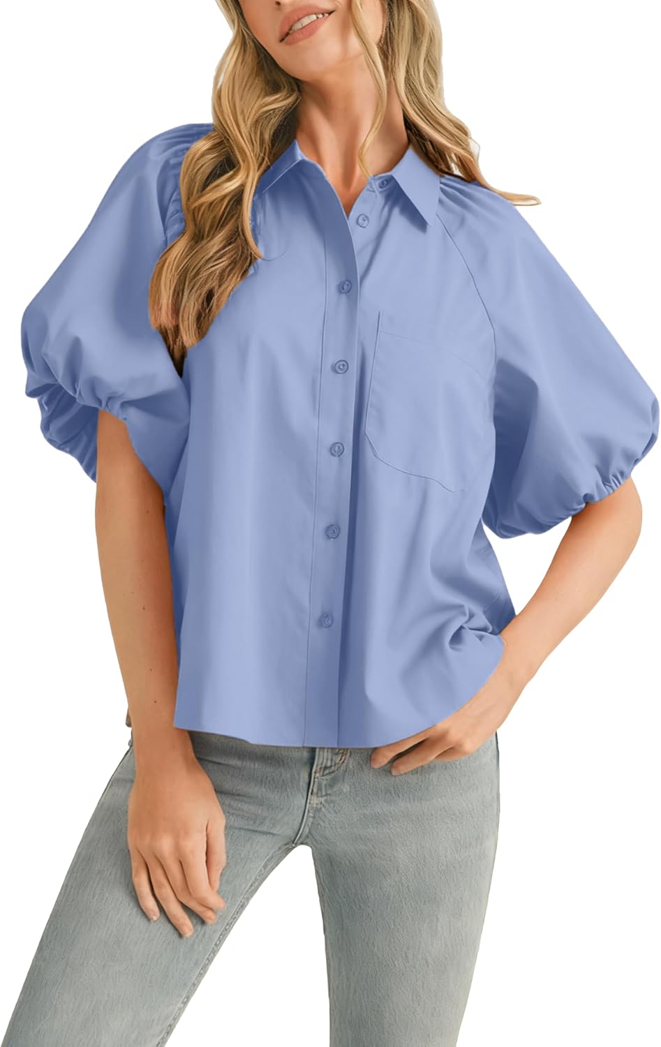 Women's Striped Button Down Shirt Puff Sleeve Collared V Neck Loose Casual Dressy Blouse Top