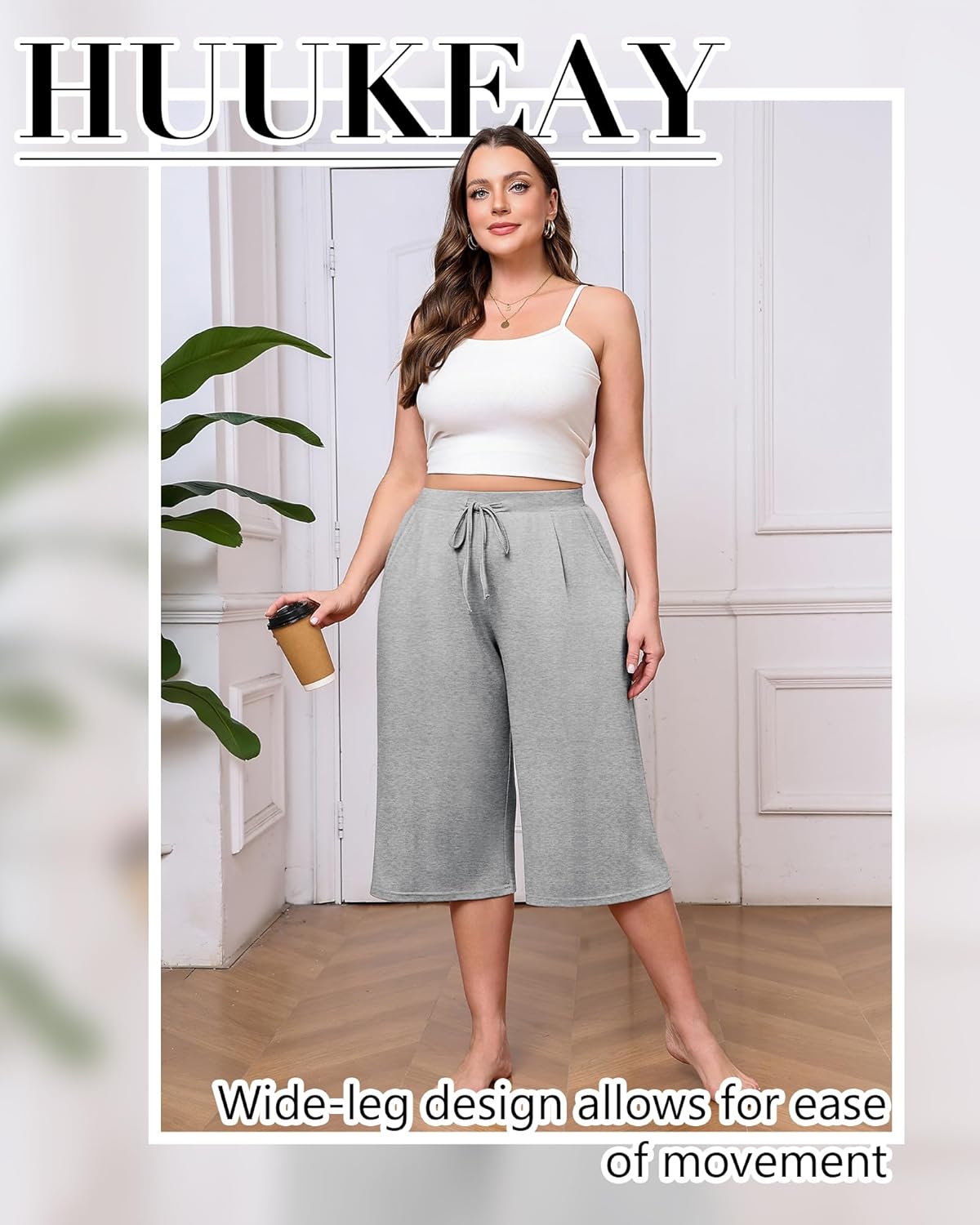 Huukeay 3 Pack Women's Plus Size Capri Pants, Wide Leg Drawstring Capris Sweatpants Loose Cropped Yoga Pants with Pockets - Image 3