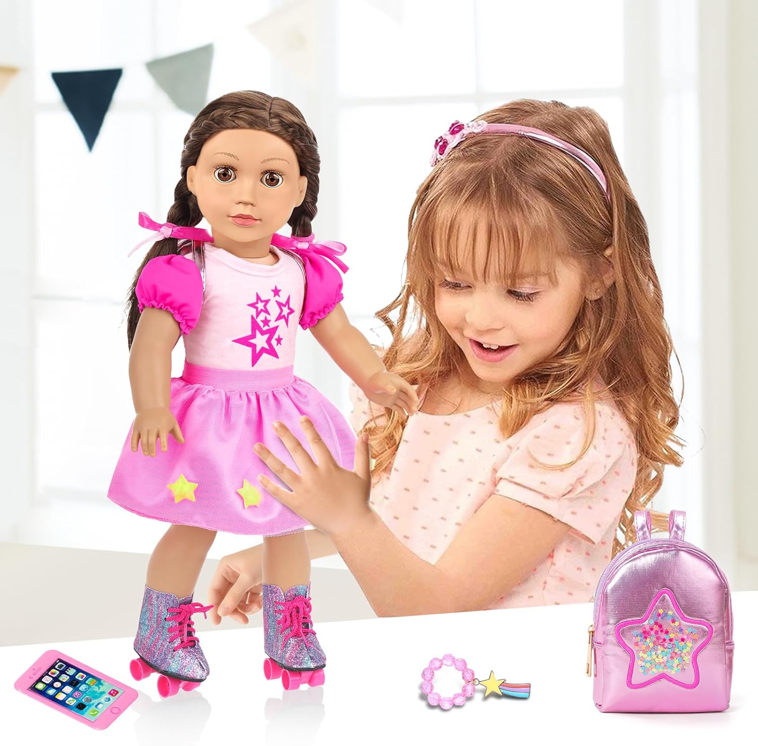 American 18 inch Doll Clothes and Accessories,Includes Matching Shoes,Backpack,Mobile Phones,Bracelet and Bow Hair Rope (No Doll)
