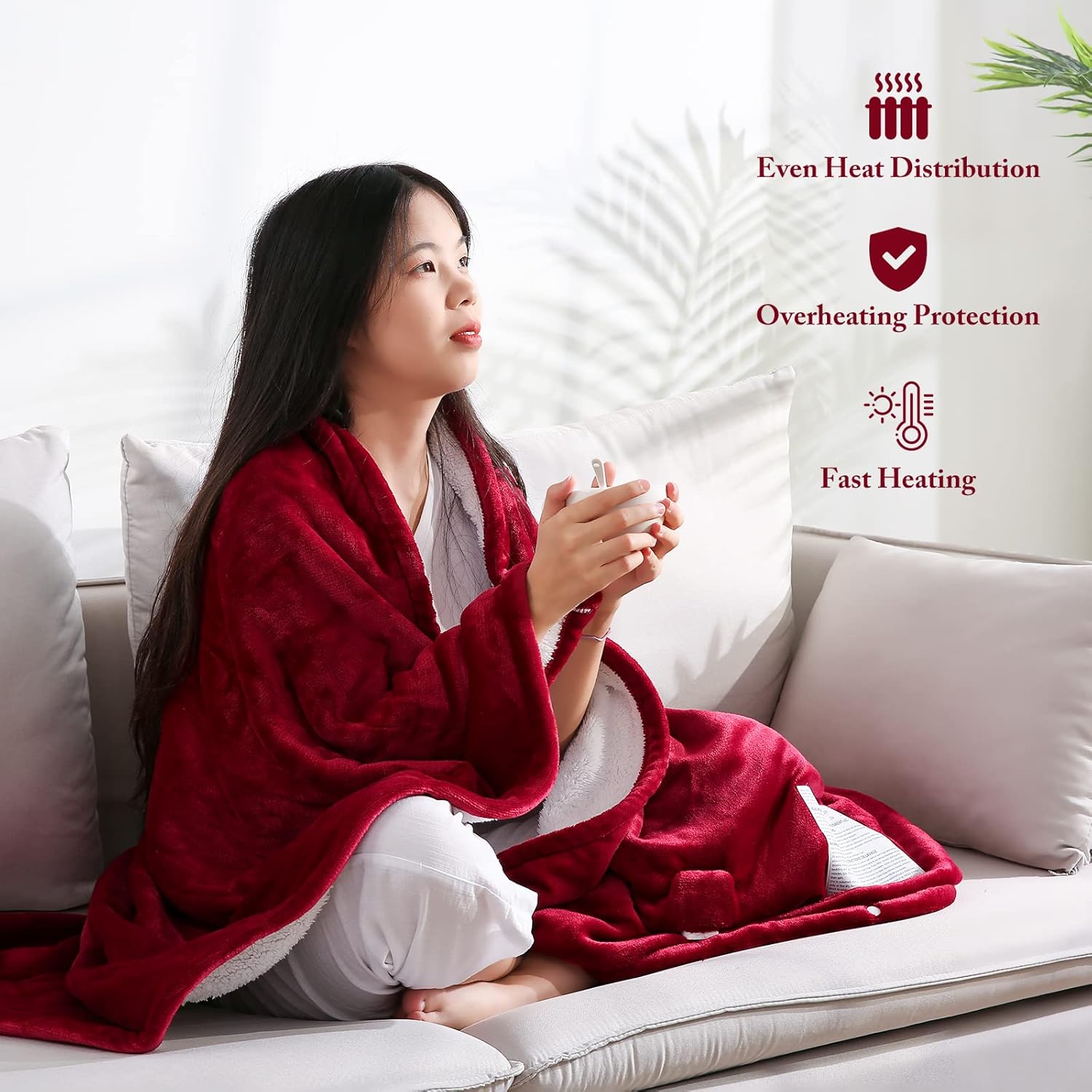 review Electric Blanket Heated Throw with 4 Heating Levels & 3 Hours Auto Off, Double-Sided Soft Flannel Blanket 50'' x 60'' with Fast Heating & Machine Washable, Home Office Use, Red