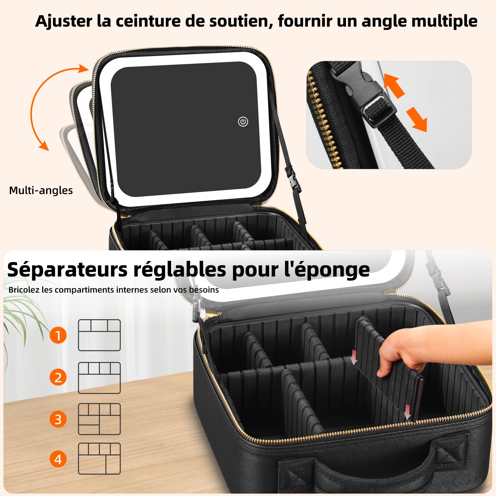 Sac de Maquillage de Voyage Sac cosmétique Sac Organisateur de Maquillage avec Grand Miroir éclairé 3 Modes de Couleur luminosité réglable, étanche en Cuir PU Makeup Travel Train Case