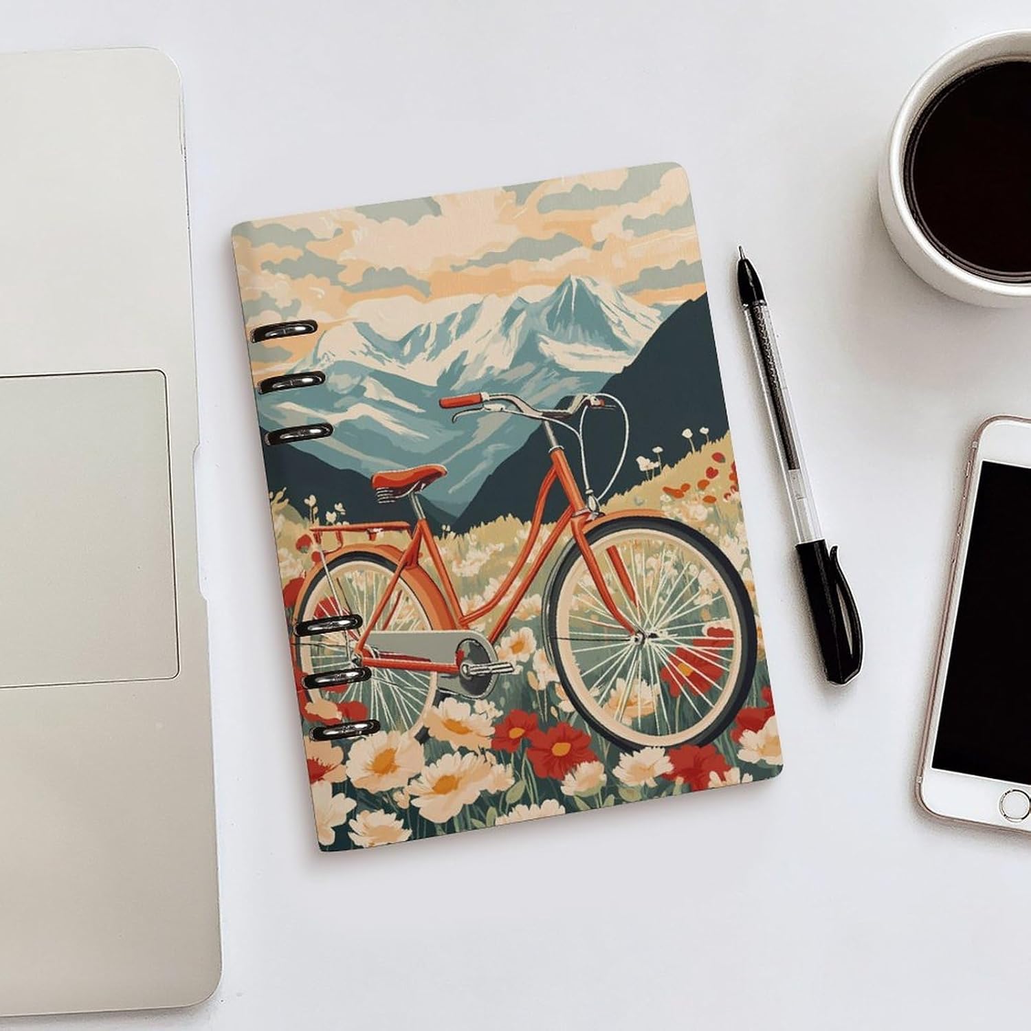 Cycling in Snowy Mountain Flower Fields Lined Spiral Journal Notebook 6 Ring Binder PU Cover Refillable for Work Note