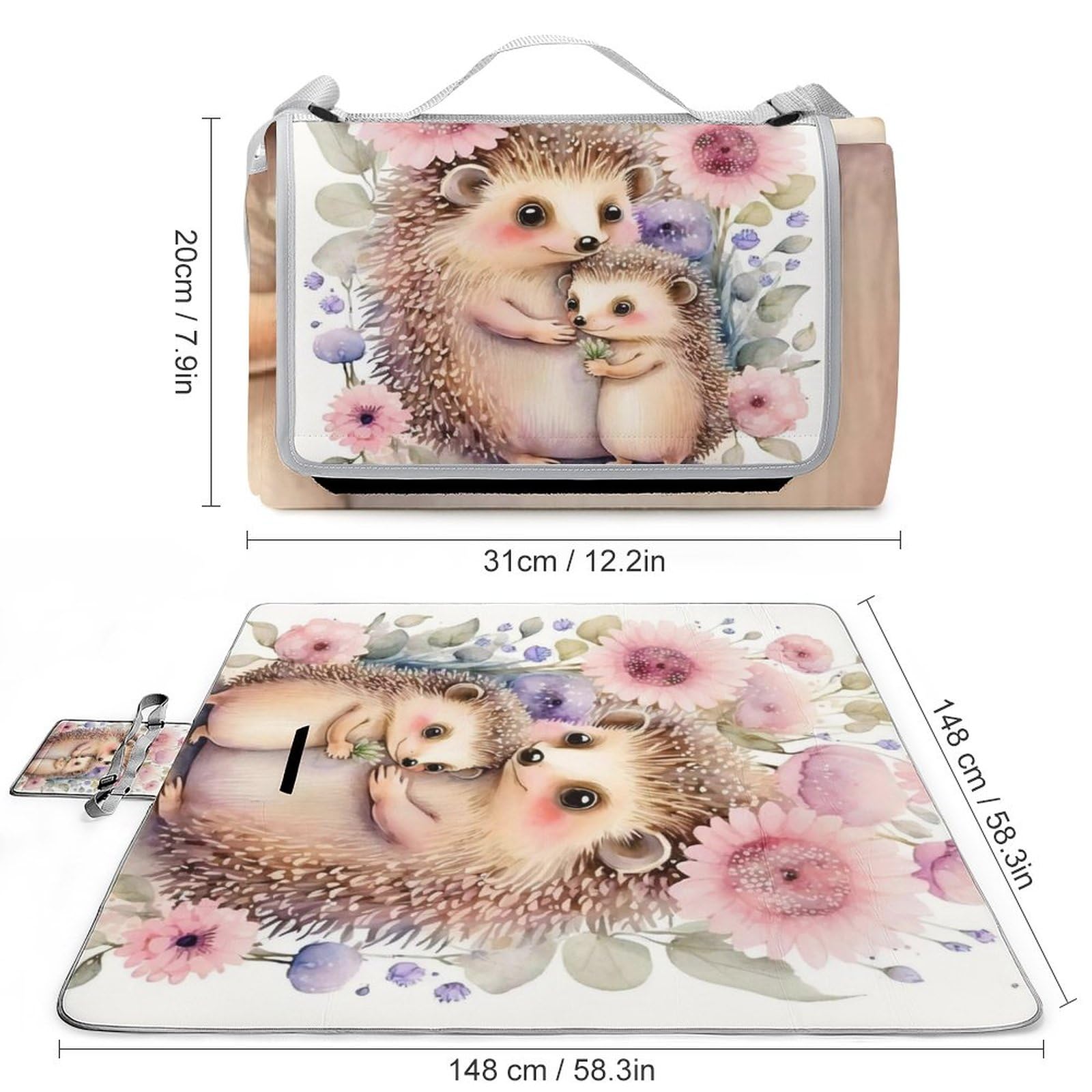 Watercolor-Hedgehogs-with-Flowers Picnic Blanket Waterproof Foldable, Large Outdoor Picnic Blanket Beach Blankets Camping Blanket Travel Mat, Shoulder Strap Tote, Rectangle 58x58in