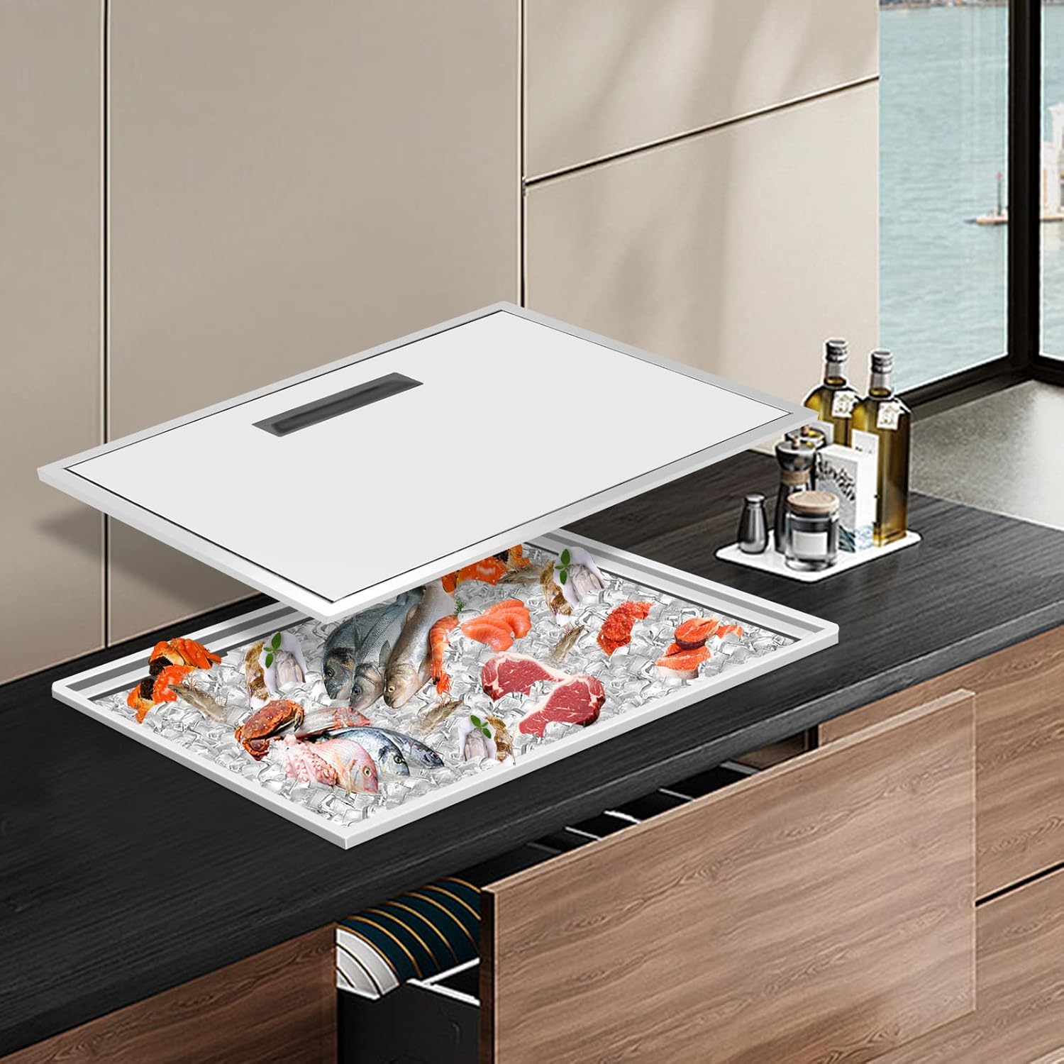 20.5×13.5×12.2 inch Drop-in Ice Chest with Lid, 304 Stainless Steel Commercial Ice Bin, 33 L Cooler for Bar Counter Cold Wine Beer, Built-in Drain Plug, Removable Cover Drop-in Ice Cooler for Outdoor