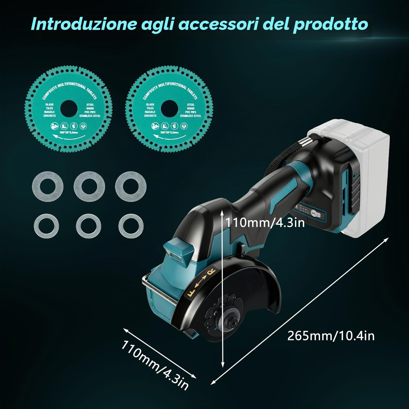 Sega circolare a batteria da 4 pollici, compatibile con batteria Makita da 18 V (senza batteria), mini sega circolare brushless da 18.000 giri/min, 2 lame, 3 livelli di velocità e luce LED per legno