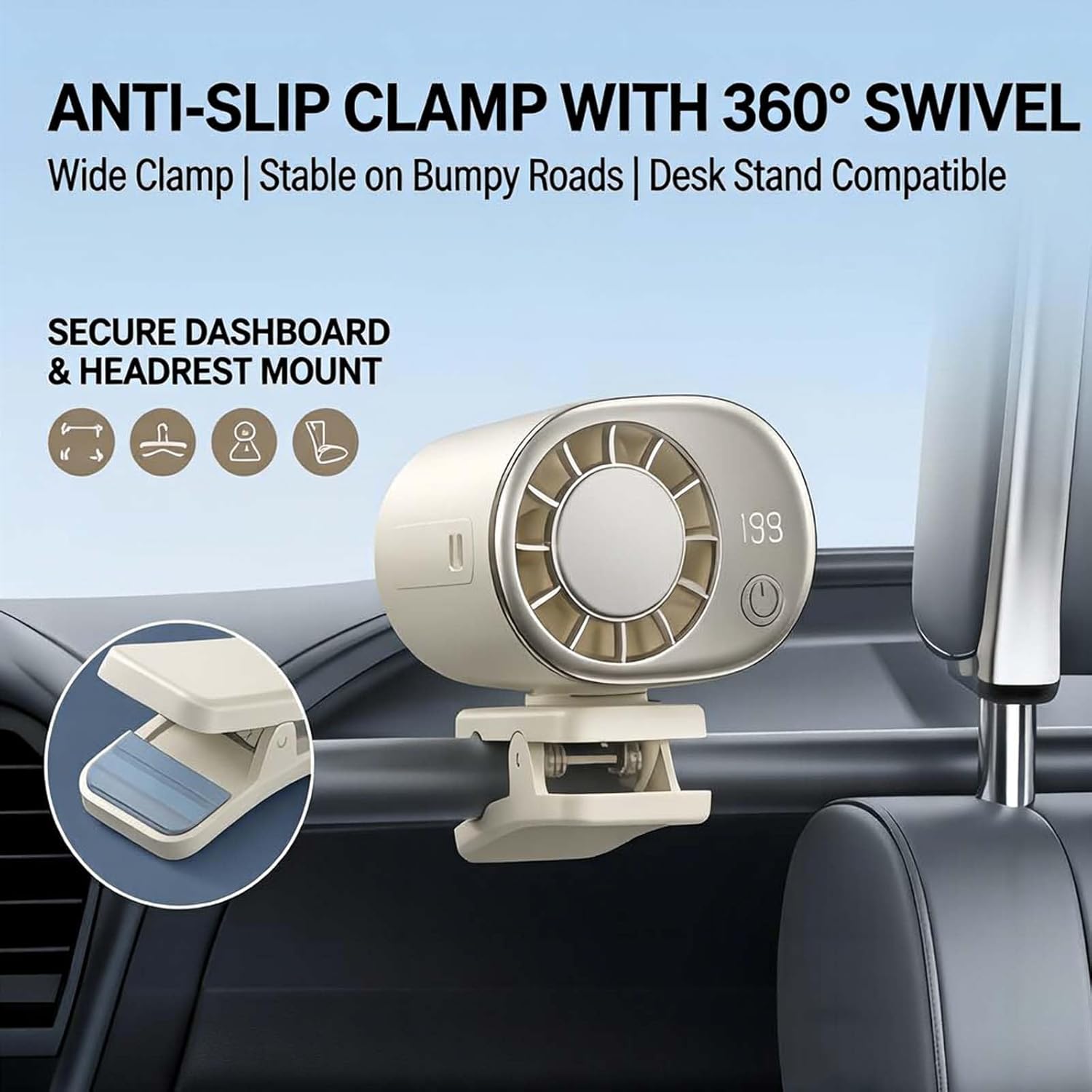 Car Clip On Air Conditioner Fan With Led Display, Portable Mini Ac Fan Clip On For Car, 360° Rotation 100 Speeds, Usb Rechargeable Cooling Fan For Auto Vehicle Truck Tent (2, black)