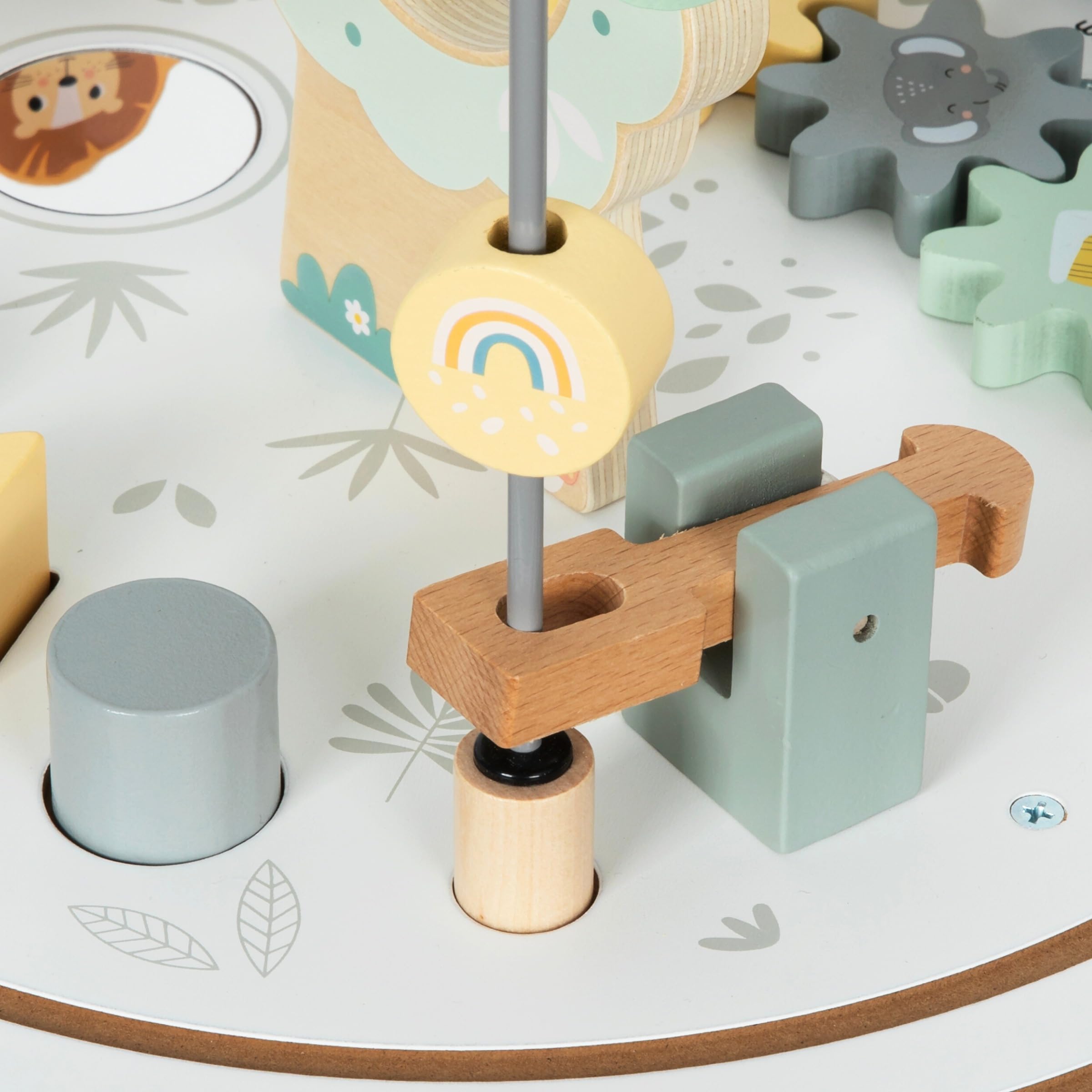 mamabrum Tavolino Educativo in Legno per Bambini con Coda Magnetica, Lanciatore di Perline, Selezionatore di Forme, Animali e Specchio