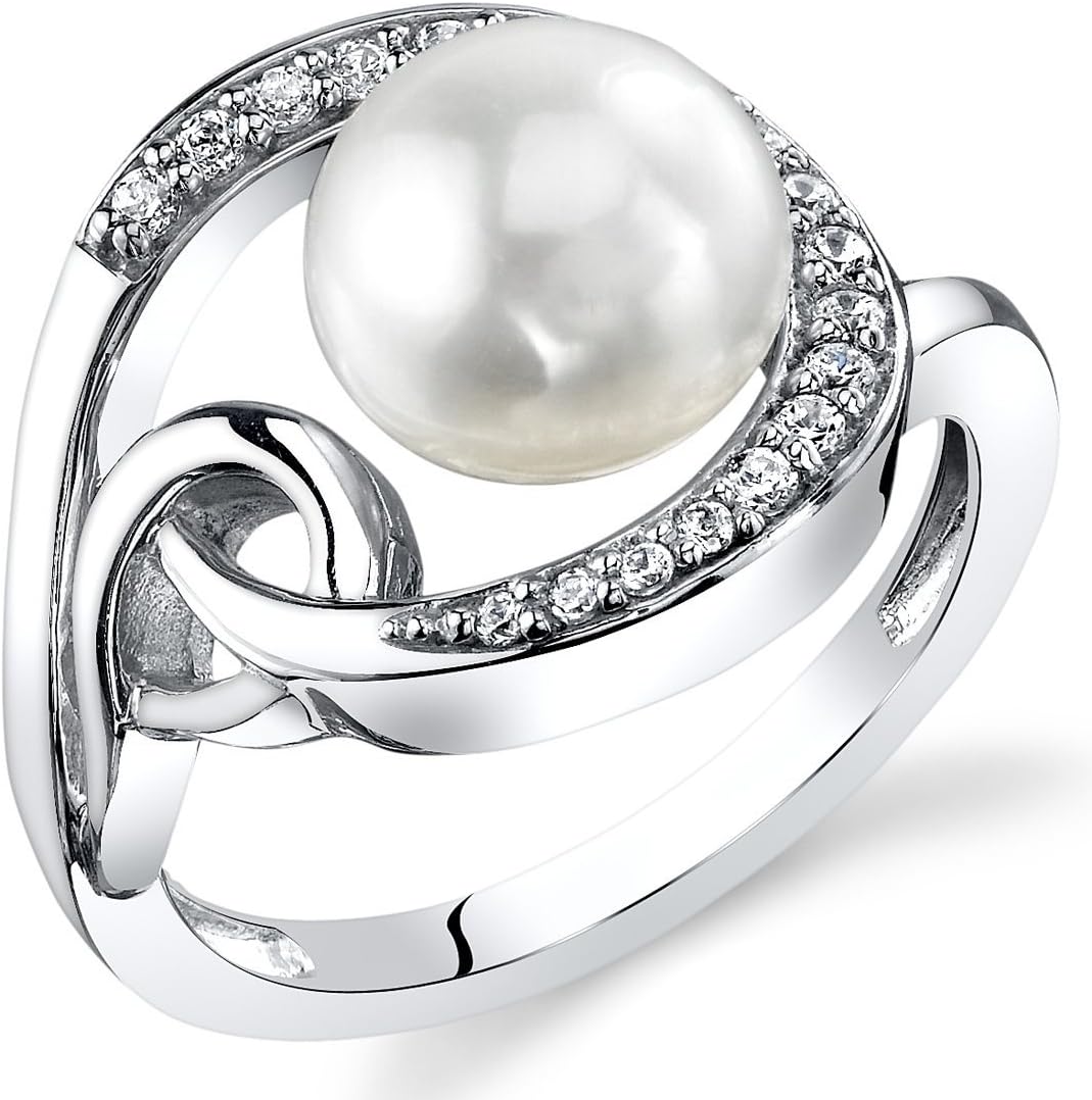 PEORA Freshwater Cultured White Pearl Halo Knot Ring in Sterling Silver, 8.5mm Round Button Shape, Comfort Fit, Sizes 5 to 9