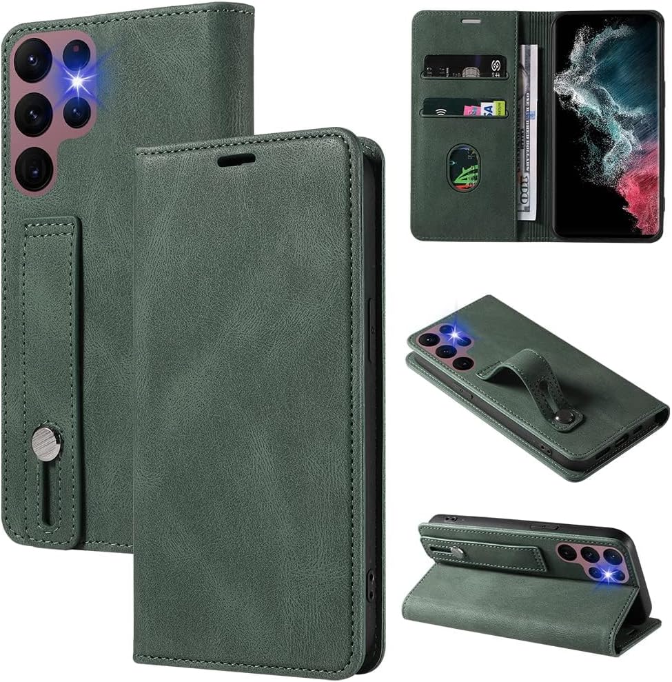 PUCHEN Compatible with Samsung Galaxy S23 Ultra Case, with Card Holders Strap Bumper, Wristband PU Leather Wallet Kickstand Card Slots Magnetic Folio Shockproof Cover for S23 Ultra (Green, S23 Ultra)
