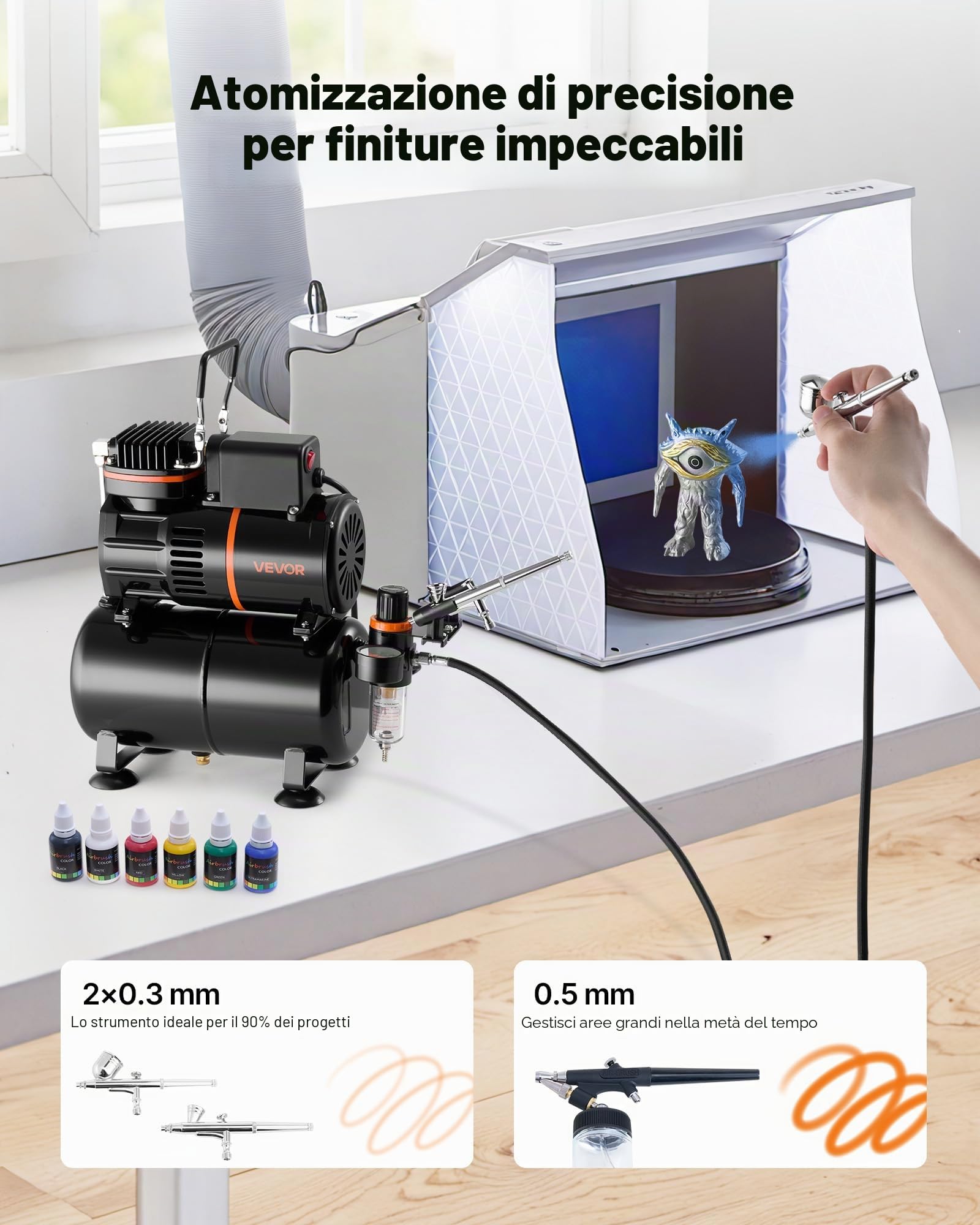 VEVOR Set Aerografo con Compressore d'Aria Serbatoio 1/6 HP, Spruzzatori a Doppia Azione Ugelli 0,3/0,3/0,5 mm Vernice Acrilica Ventole, Kit Aerografo per Decorazione di Pittura, Modelli