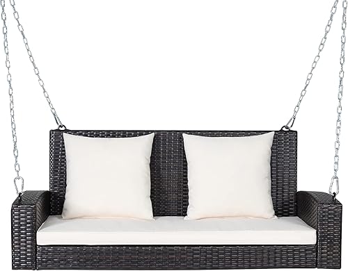 Miniatura 10 de RELAX4LIFE Columpio de porche de 2 asientos, columpios de mimbre para porche al aire libre con dos cadenas de acero sólido de 7.9 pies, cómodos