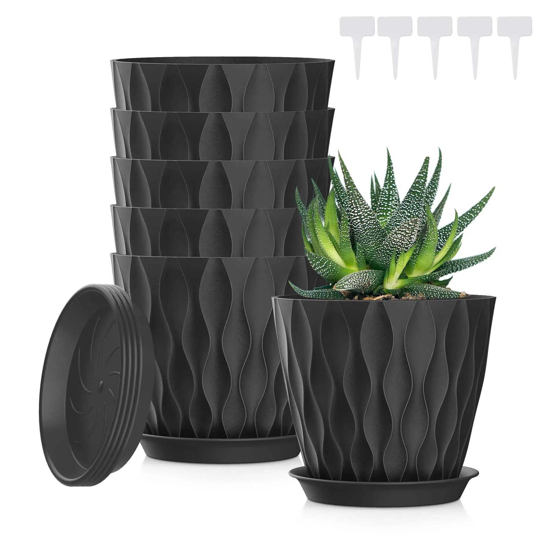 5 Piezas Macetero con Plato, 12.6CM Maceta Redonda de Plástico con 5 Etiquetas, Macetas con Platillo de Agujeros de Drenaje Maceteros Decorativos Interior para Balcón, Interior, Jardín (Negro, 5IN)