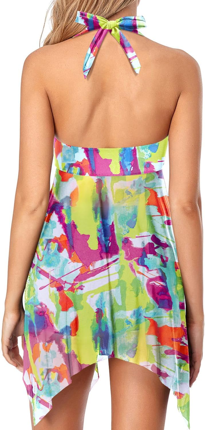 Holipick Two Piece Swim Dress Womens Tankini Swimsuits Halter Bathing Suit Dress Mesh Tankini Top with Boyshorts - Image 5